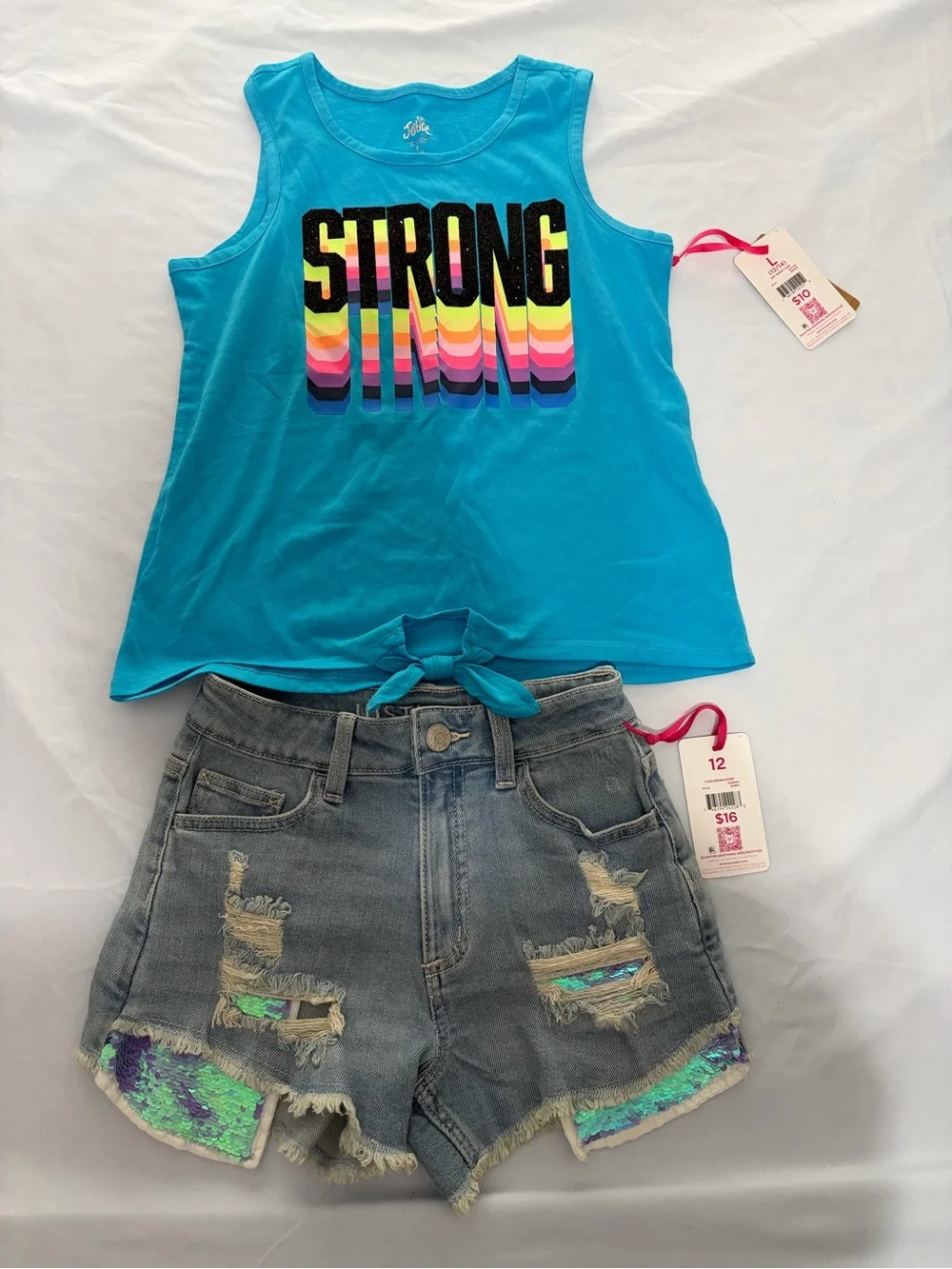 Justice Turquoise Tank Top & Denim Sequin Shorts Set Grapic Size L 12/14